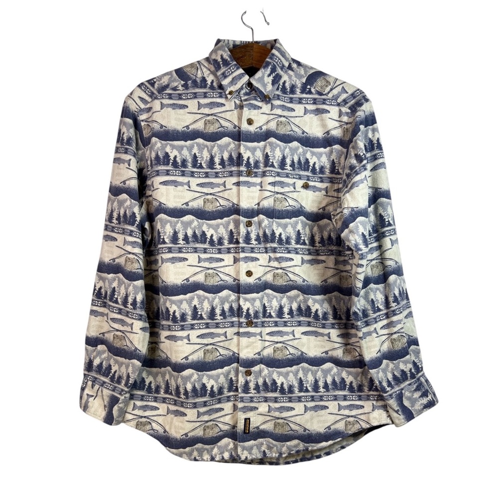 Woolrich Mens Flannel Cotton Fly Fishing Print Button Down Sz M Gorpcore Outdoor
